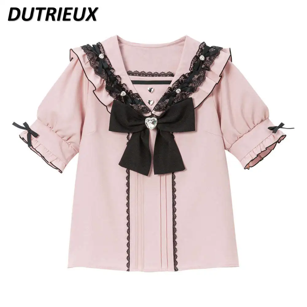 

Summer New All-Match Casual Blouse Lace Edge Lady Cute Short Sleeve Top Japanese Style Student Wear Sailor Collar Casual Shirt