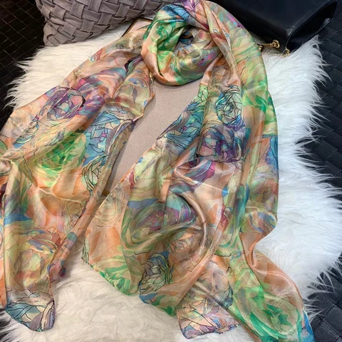 Женский зеленый 100% шелковый шарф, шаль, зимние дизайнерские женские шарфы из чистого шелка с розой, модная пляжная шаль, накидка, розовый шарф
