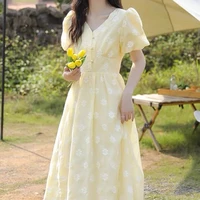 yellow v neck puff sleeve korean elegant dress 2022 womens slim button print midi dress summer pleated a line office lady dress