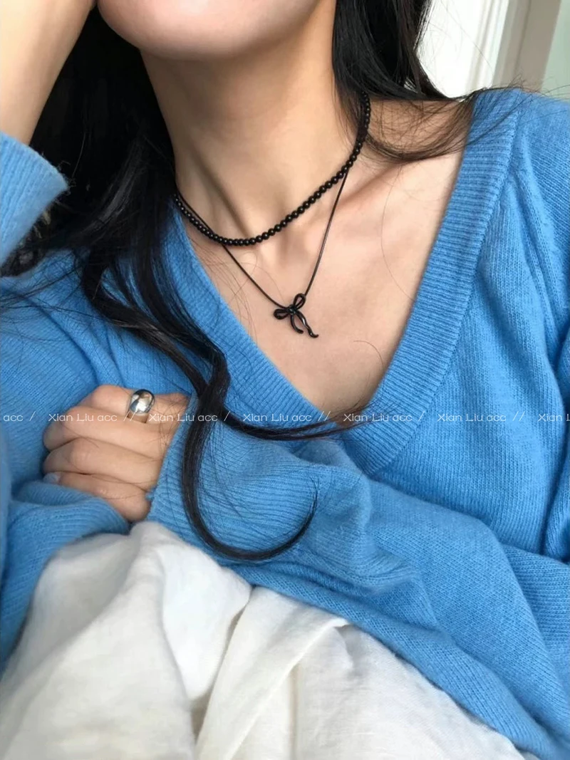 Black Beaded Bow Necklace Women 2024 New Popular Choker Design High-Grade Accessories