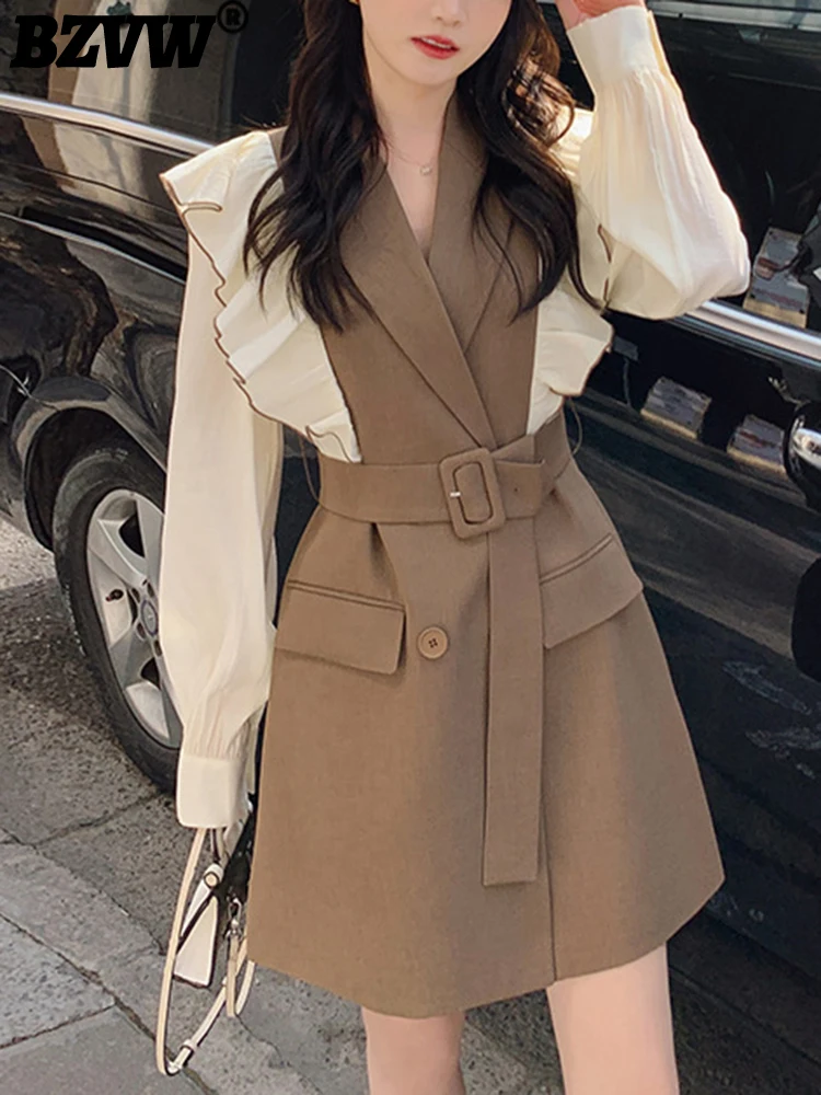 

BZVW Spliced Contrast Color Ruffles Long Sleeve Suit Dress Women's Spring Autumn Elegant Casual Dresses Female 2023 New Trend