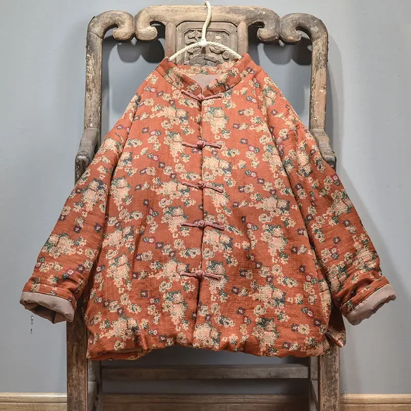 Женские винтажные парки из хлопка и льна Johnature теплые пальто с цветочным принтом