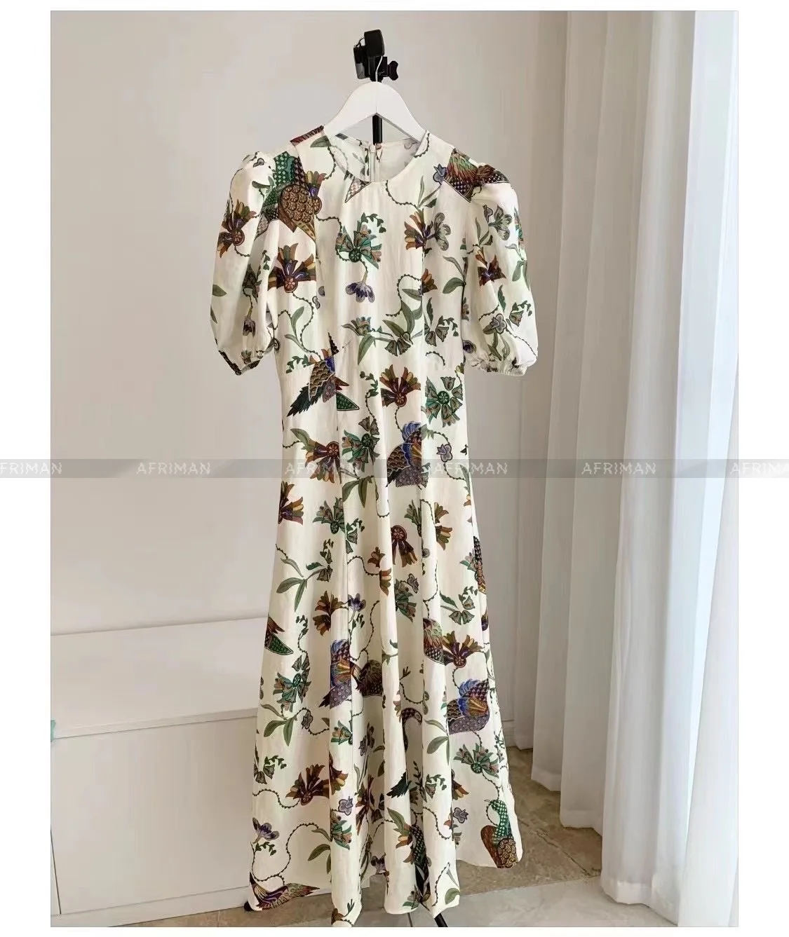 

Women Vintage Style O Neck Short Sleeve Bird and Plant Print 100% Linen Midi Dress