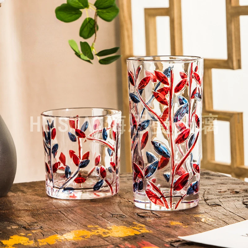 

Creative Hand-painted Glass Water Bottle Twig Tumbler Engraved Water Tumblers Ins Relief Colored Leaf Tumblers Beer Cup Glasses