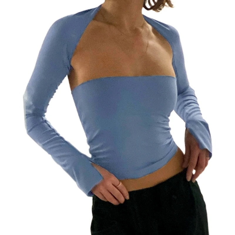 

Womens Solid Color Long Sleeve Boleros Shrug Crop Tops Ladies Cropped Cardigan Tops Vintage 2 Piece Set