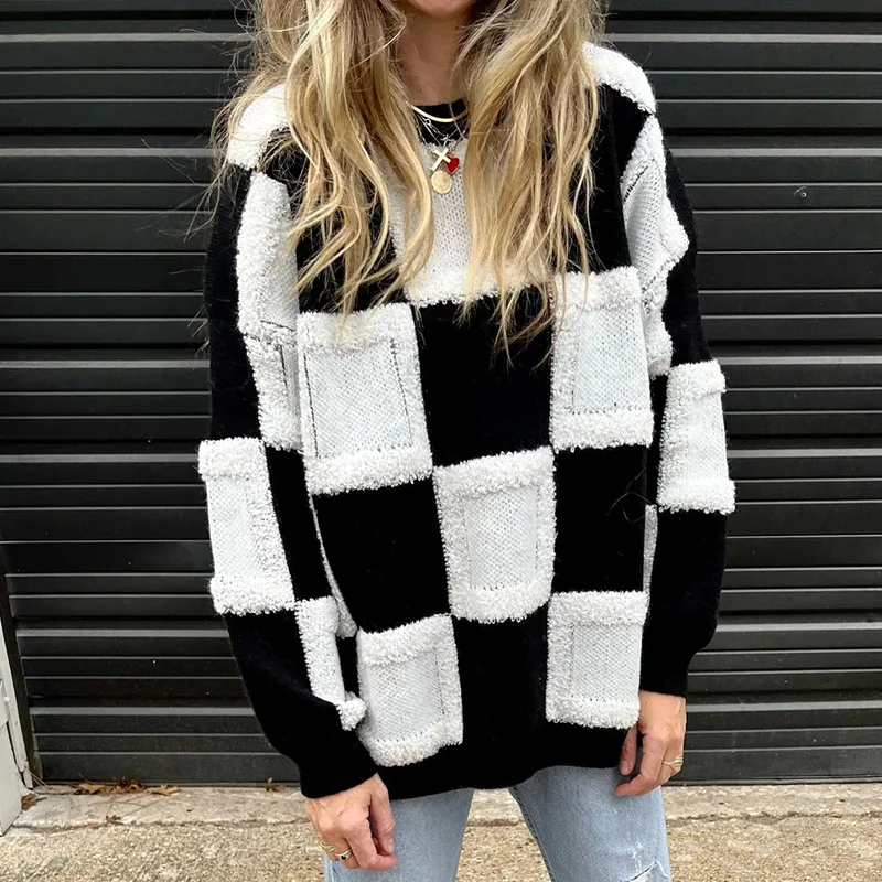 

Autumn Winter Warm Pullovers Jumpers Fashion Knitted Color Block Patchwork Sweater Women Casual Chic O-Neck Long Sleeve Sweaters