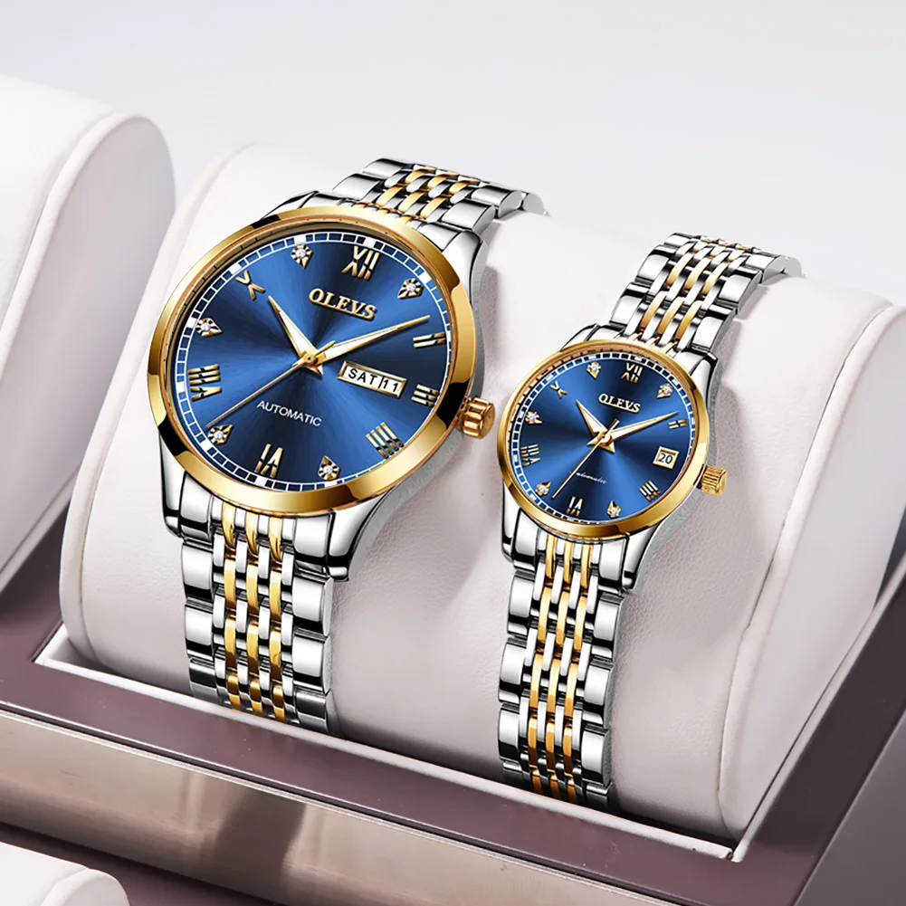 OLEVS Fashion couple stainless steel watch luxury mechanical watch calendar luminous waterproof clock business casual watch