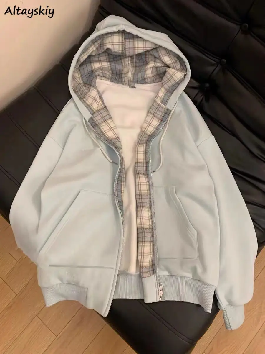 Толстовки с капюшоном женские карманы напуском винтажные клетчатые плюс