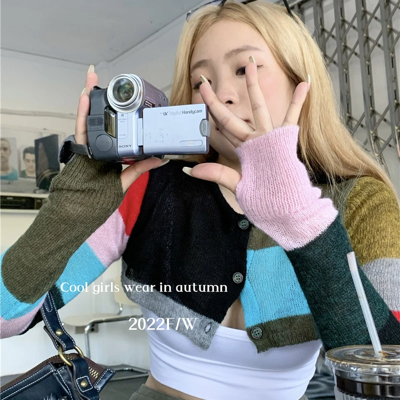 

Y2k Contrast Color Stitching Knitted Cardigan Women's Summer Thin Coat Hot Girl High Waist Short Long Sleeve Tops