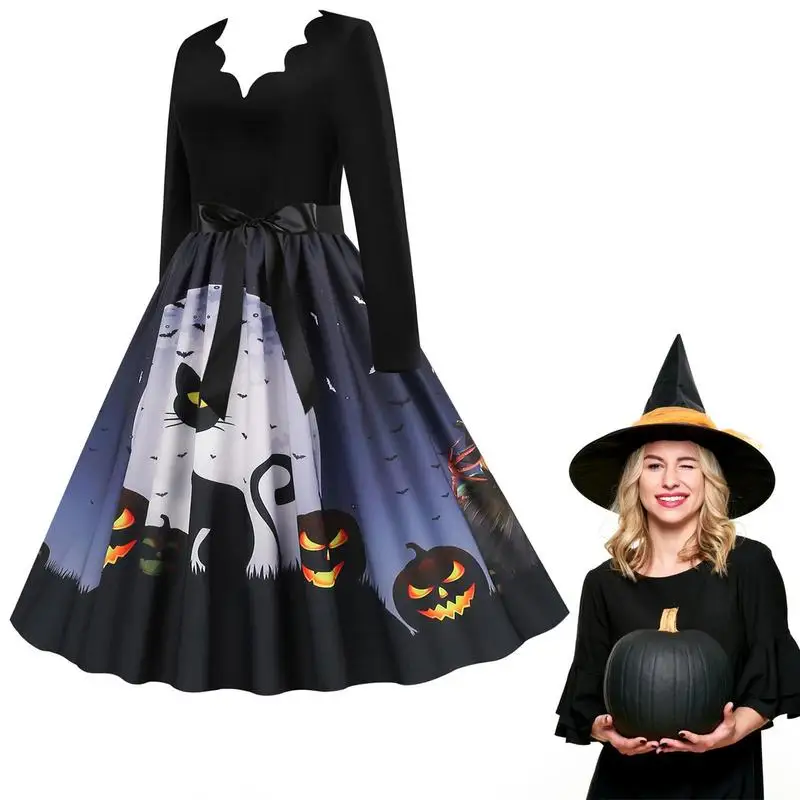 

Halloween Long Sleeve Dress Long Sleeve Cocktail Witch Dress With A-Line Silhouette Evening Party Dress For Mary Jane Shoes