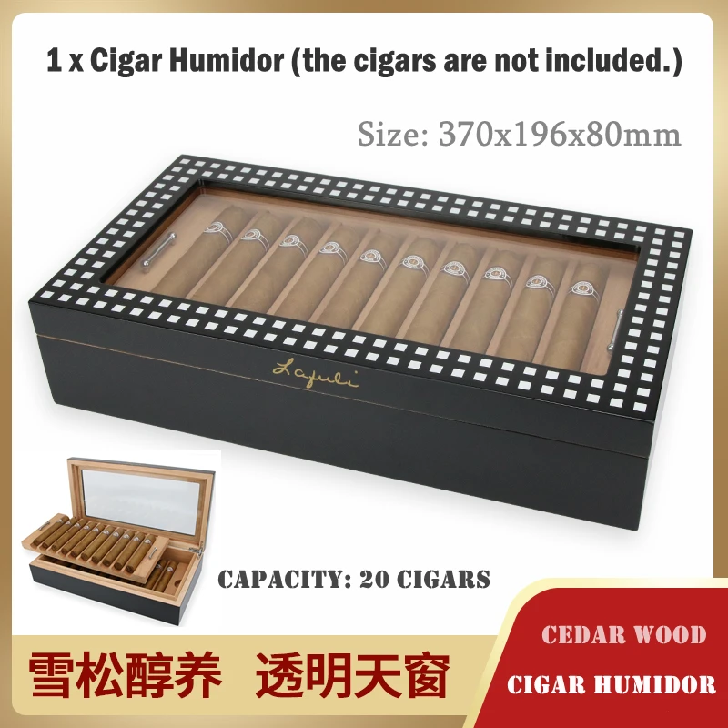 

370x196x80mm Cedar Wood Cigar Humidor Transparent Window Professional Capacity20 Cigarette Case Portable Moisturizing Cigar Case