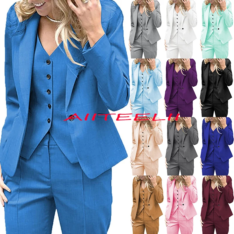 Women's Pant Suit Business Office Workwear 3 Piece Formal Slim Fit Jacket Trousers Vest Party Tuxedo