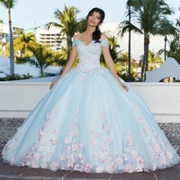 light sky blue princess quinceanera dress sweet 16 ball gown 2022 appliques beads 3d flowers backless party vestidos de 15 a%c3%b1os