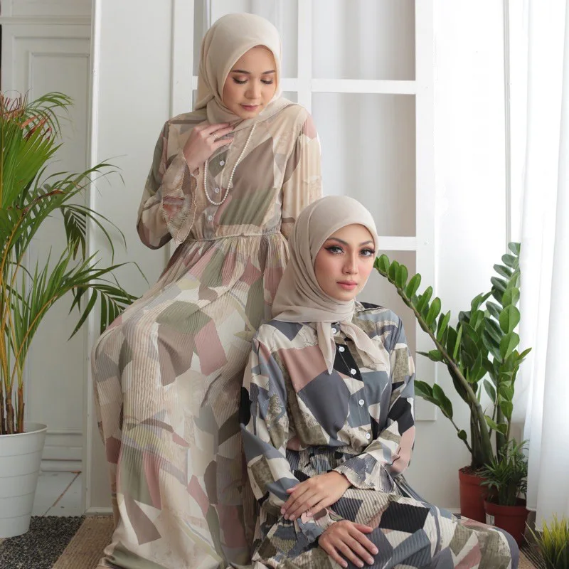 Hijab Abaya 2022 Muslim Fashion Dress Women Arabic Print Turkish Dresses Pleated Abayas Turban Islamic Clothes 2XL