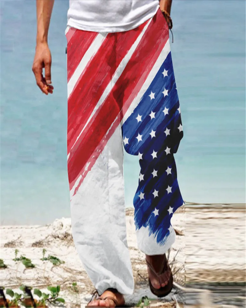 Men'S Summer Casual Pants Daily Wear Flag 3D Full Length Soft Light Pants Mid Waist Pocket Drawstring Trousers Streetwear Bottom