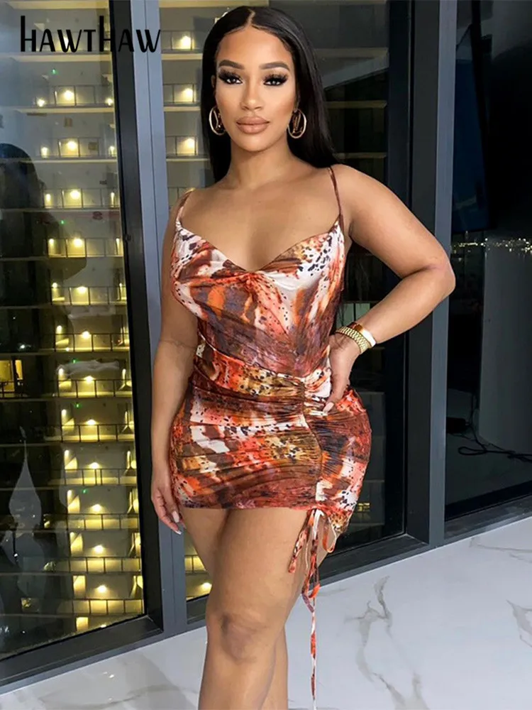 

Hawthaw Women Sleeveless V Neck Bodycon Printed Party Club Straps Mini Dress 2022 Summer Clothes Wholesale Items For Business