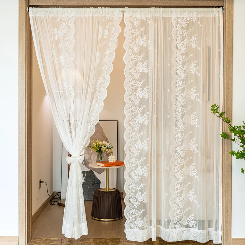 

Non perforated curtain, window screen curtain, French white lace, living room, balcony, floating window, door curtain partition