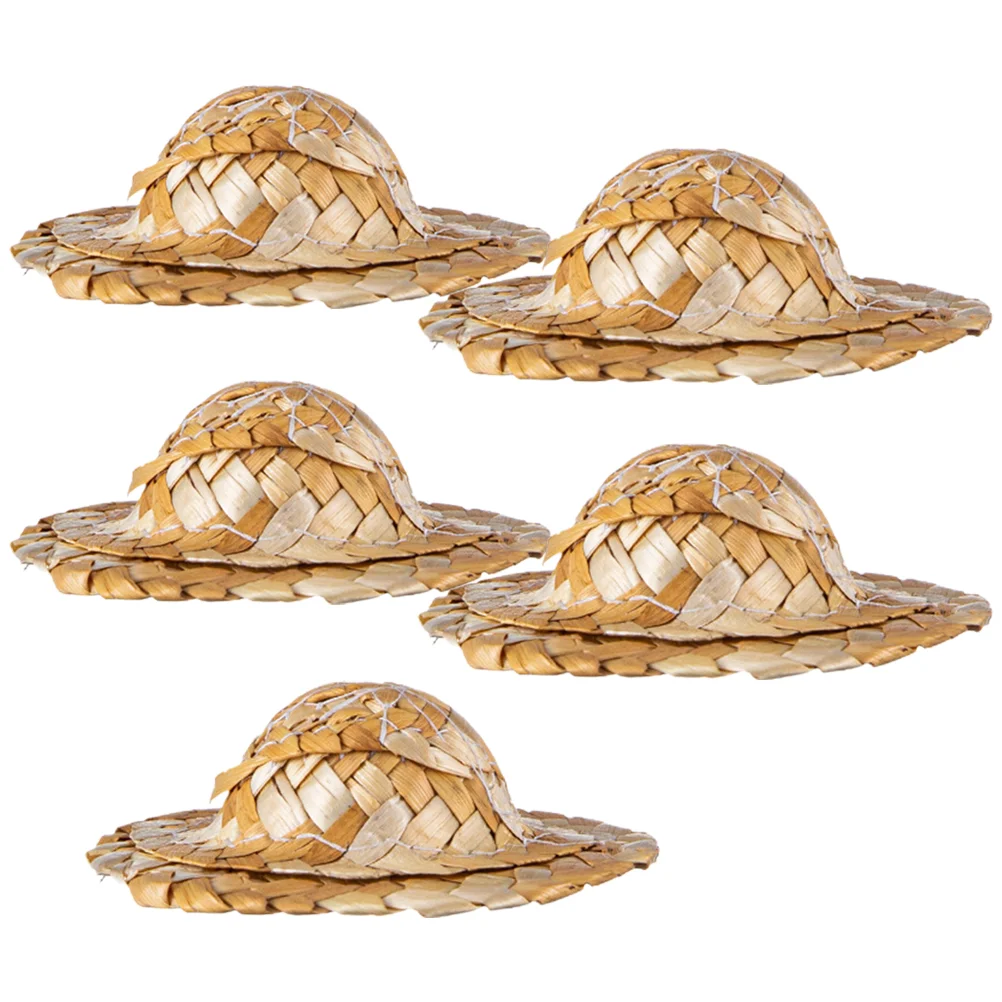 

5 Pcs Mini Straw Hat Top Hats Decors DIY Decorations Miniature Cocktail Cup Toppers Tiny Woven Man