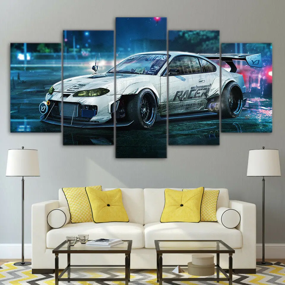 5 панелей белый Nissan Silvia S15 дрифтовый автомобиль Охотничья Печать на холсте