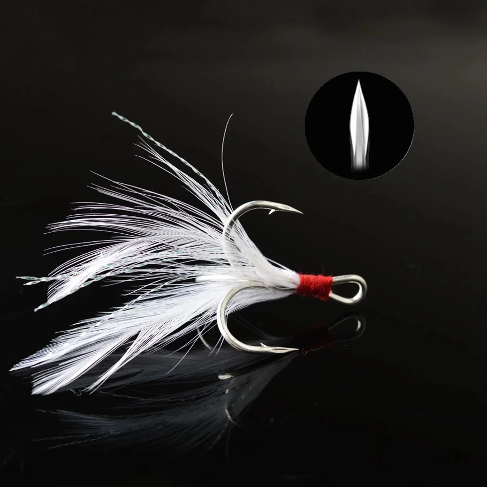 

Treble Fishing Hooks 10pcs Treble Hooks With Feather Tackle Fishing Hook Stronger Carbon Steel Barbed Fishhooks Pesca Accessary