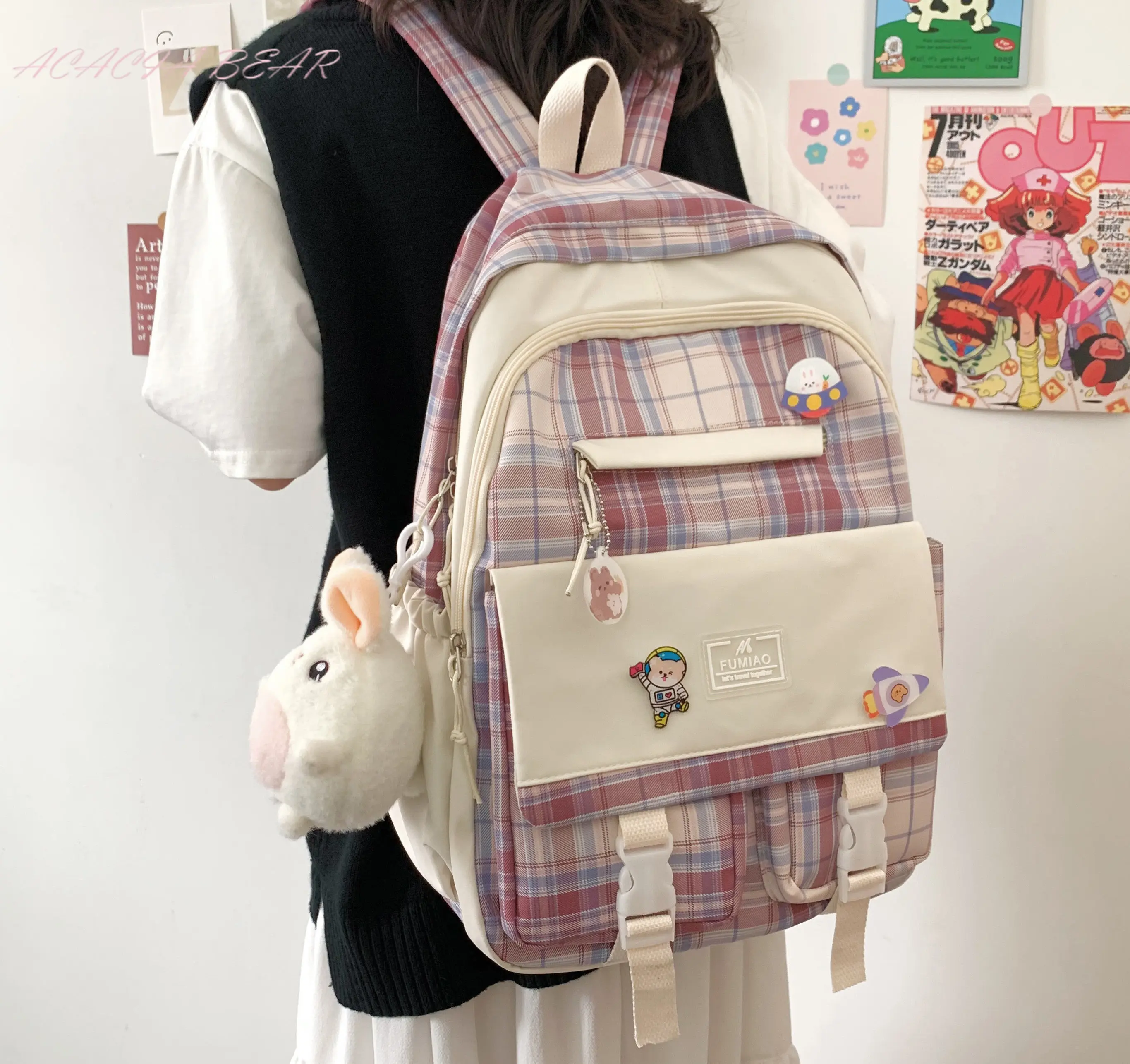 

New Women Plaid Cute Nylon Backpack Female Harajuku School Bag College Lady Kawaii Backpacks Fashion Book Girl Bags Student