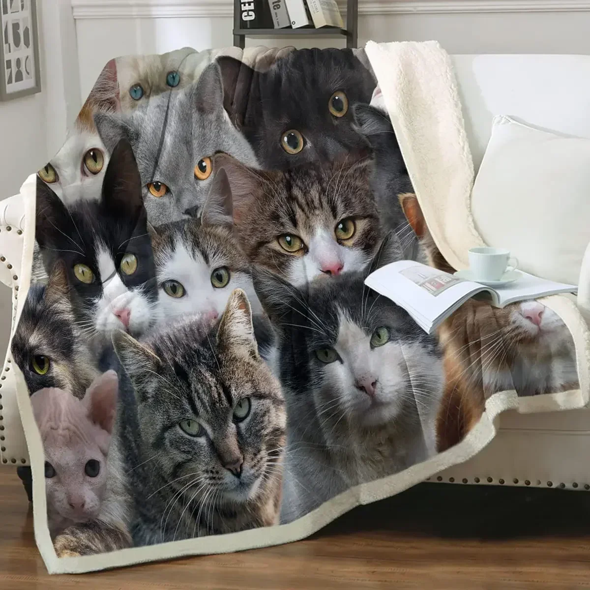 Grey and White Cats Blanket Plush Sherpa Flannel Throw Blankets for Couch Sofa Super Soft Bedroom TV Full