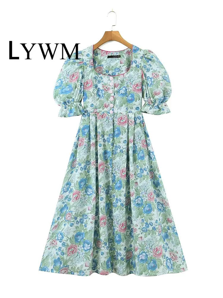 

Модное женское платье миди LYWM с принтом, винтажные однобортные женские шикарные платья с квадратным вырезом и коротким рукавом
