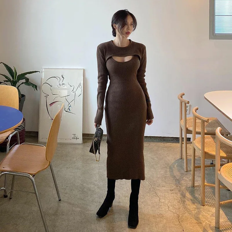 

With Shawl Casual Solid Rib Long Sleeve Streetwear Black Sexy Hollow Out Sweater Dress Party Club Midi Dresses Chic Sling Dress