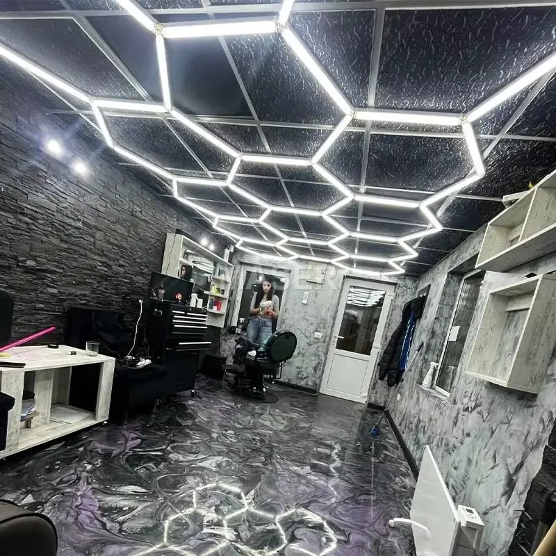 Фото Светодиодные потолочные светильники-подвески Hexagon без минимального заказа для барбершопов, спортзалов, гаражей, система 14 секций №3