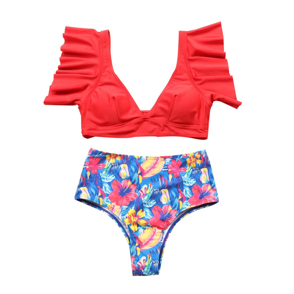 

High Waist Swimwear Ruffle Edge V-neck Women Beach Sexy Swimsuit, xL, Yellow