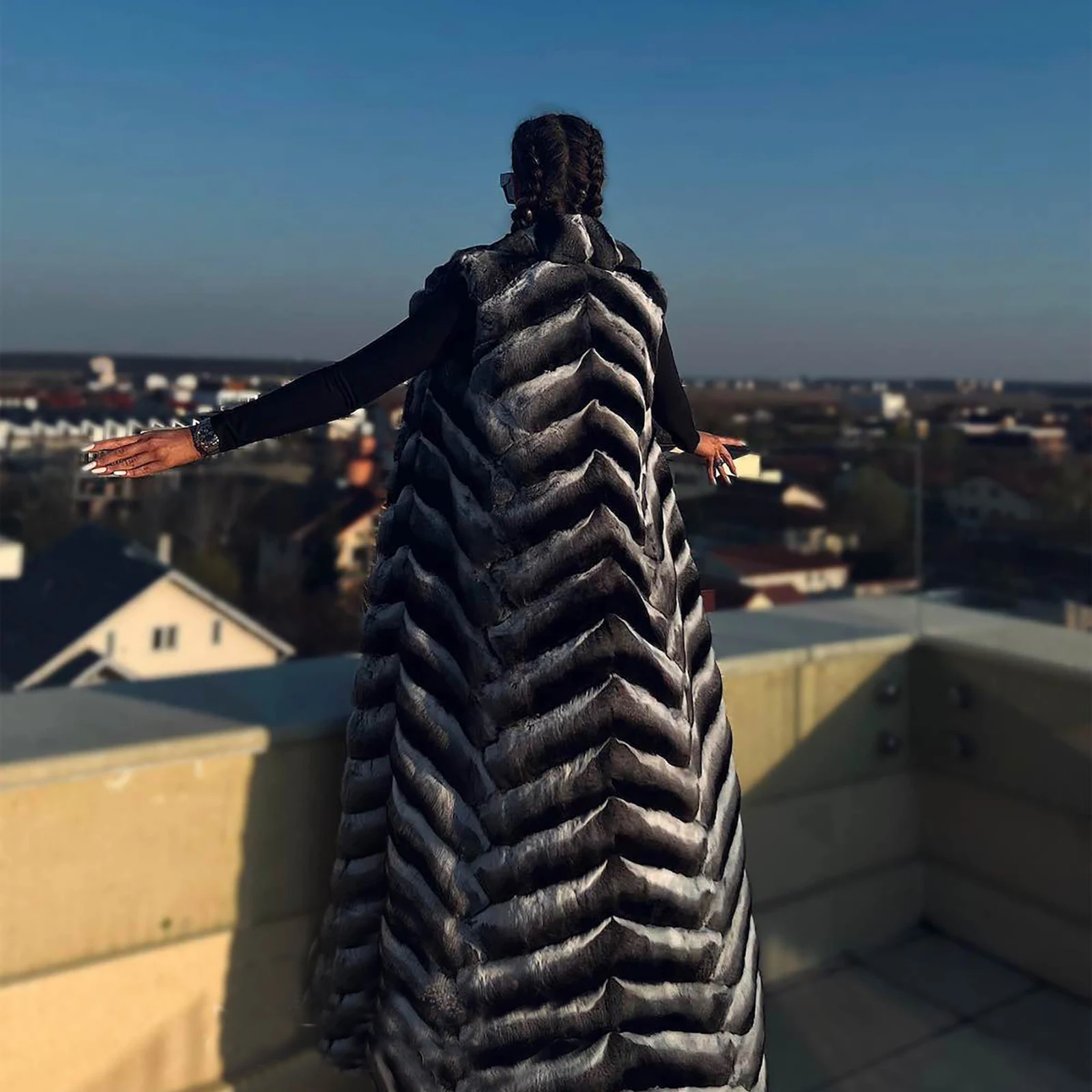 Женский зимний длинный жилет из натурального меха кролика рекс без рукавов с