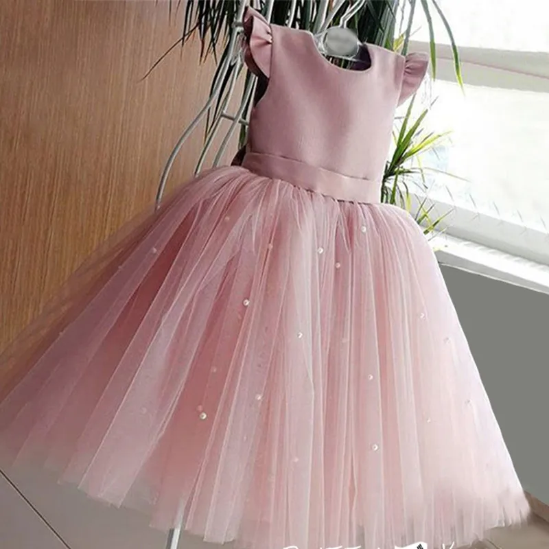 

2022 Fancy Birthday Princess Dress For Baby Girls Batwing Sleeve Backless Tutu Cloth For Children Bow Pearl Tulle Cotume For Kid