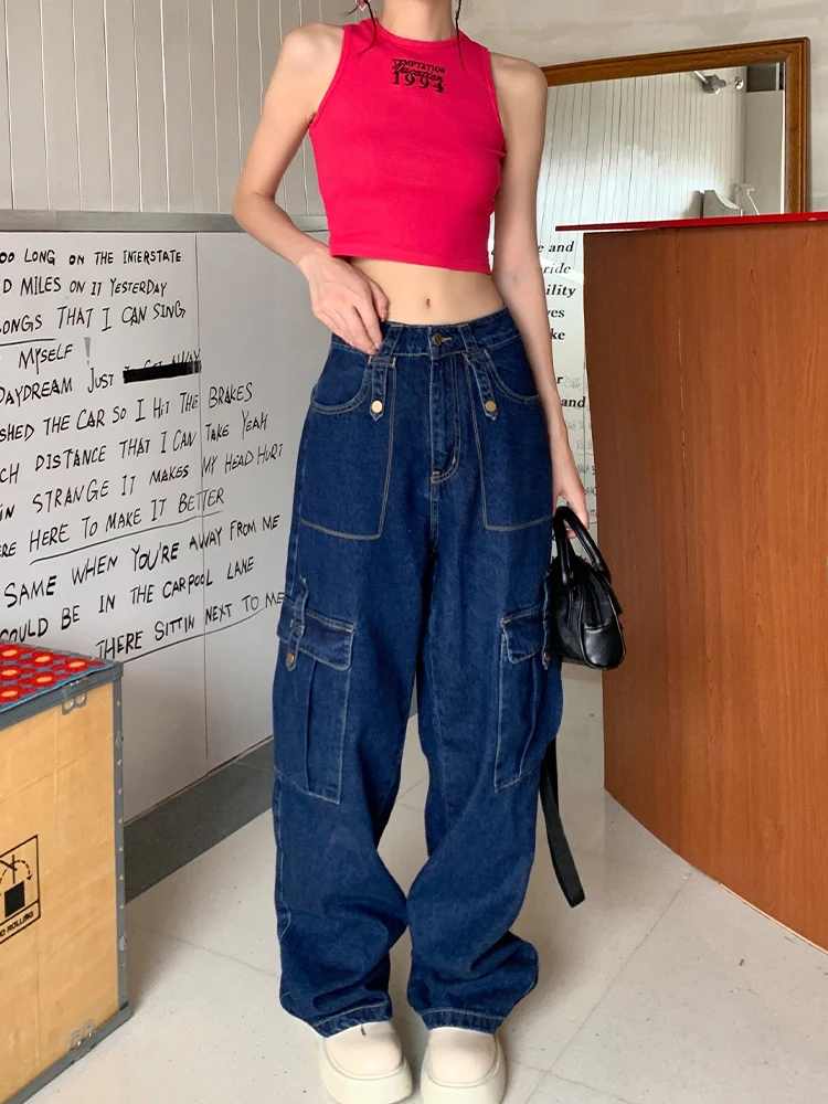 

High Quality Casual Cargo Pants Women'S 2022 Autumn New American Retro Loose Straight Wide Leg Trousers Fashion Women Clothing