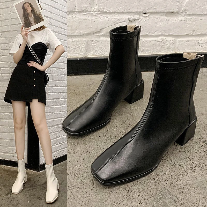 

Women's Riding Short Boots Pu Leather Thick Heel Pointed Head 2022 New Autumn Platform Side Zipper Fashtion Women's Casual Boots