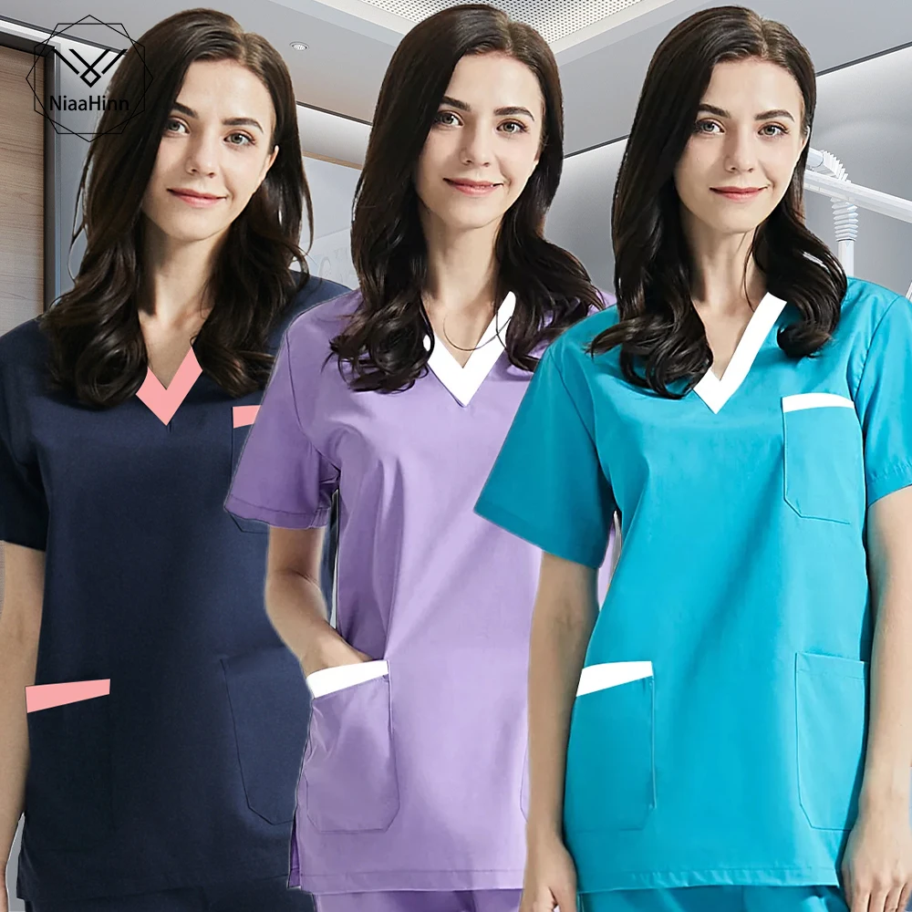 

Comfortable V-neck Scrub Suit Beauty Agency Nursing Elastic Waist Pants Unisex Breathable Medical Uniform Nursing Accessories