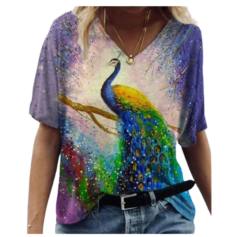 

2021 New Summer Women Animal Peacock Print T Shirt Street Hipster Ladies Short Sleeve V-Neck Loose Oversized Tops Tee Clothes