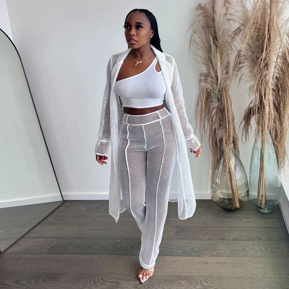 

Sexy See Through Women's Pants Suits Summer 2022 Woman 2 Pieces Chic Coat Trouser Sets for Womens Mesh Outfits