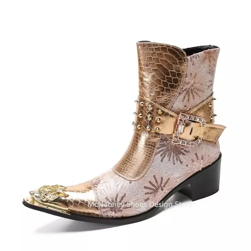 Блестящие мужские вечерние ботинки до середины икры модный дизайн челси на