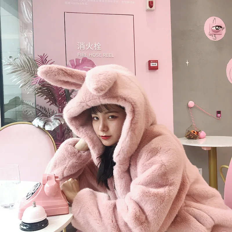 Cartoon Imitation Rabbit Fur Grass Padded Cardigan Fashion Jacket Cute Hooded Faux Fur Rabbit Ears Hooded Fluffy Jacket Women