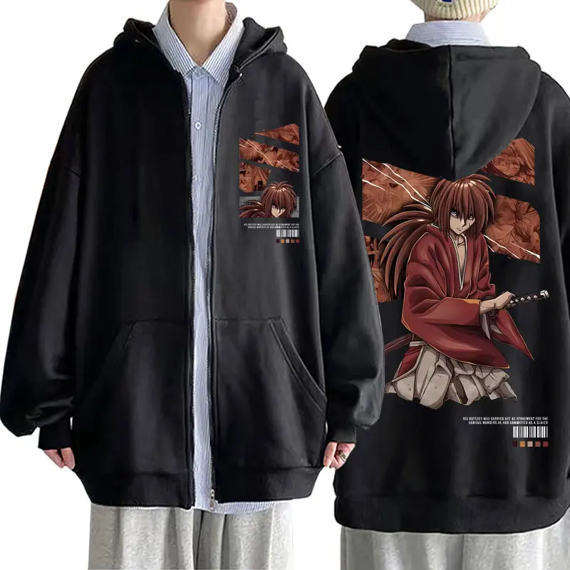 

Japanese Anime Rurouni Kenshin Himura Kenshin Zipper Hoodie Men's Manga Vintage Zip Up Hoodies Male Oversized Sweatshirt Coat