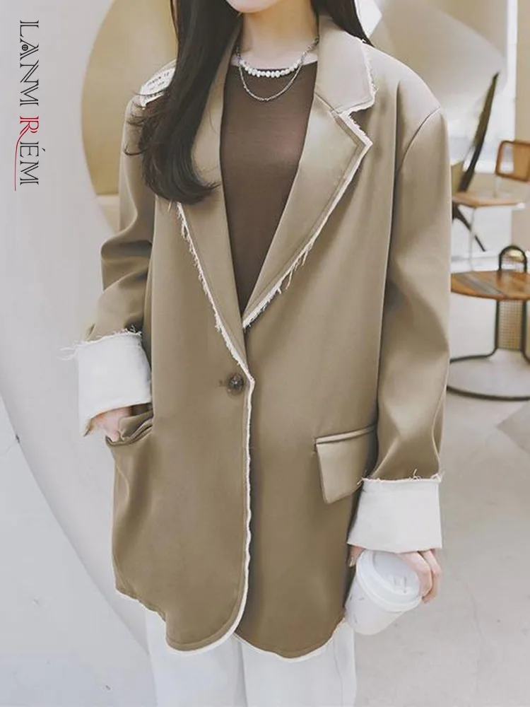 

LANMREM Patchwork Blazer Women's 2023 Autumn New Korean Design Notched Single Button Fashion Coats Office Lady 2DA1773