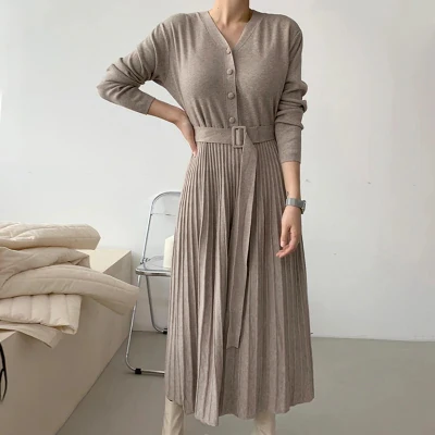 

Elegant Chic Knitted Dress Women V-neck Single-breasted Thicken Sweater Dress Autumn Winter Belted Female Long Pleated Dress