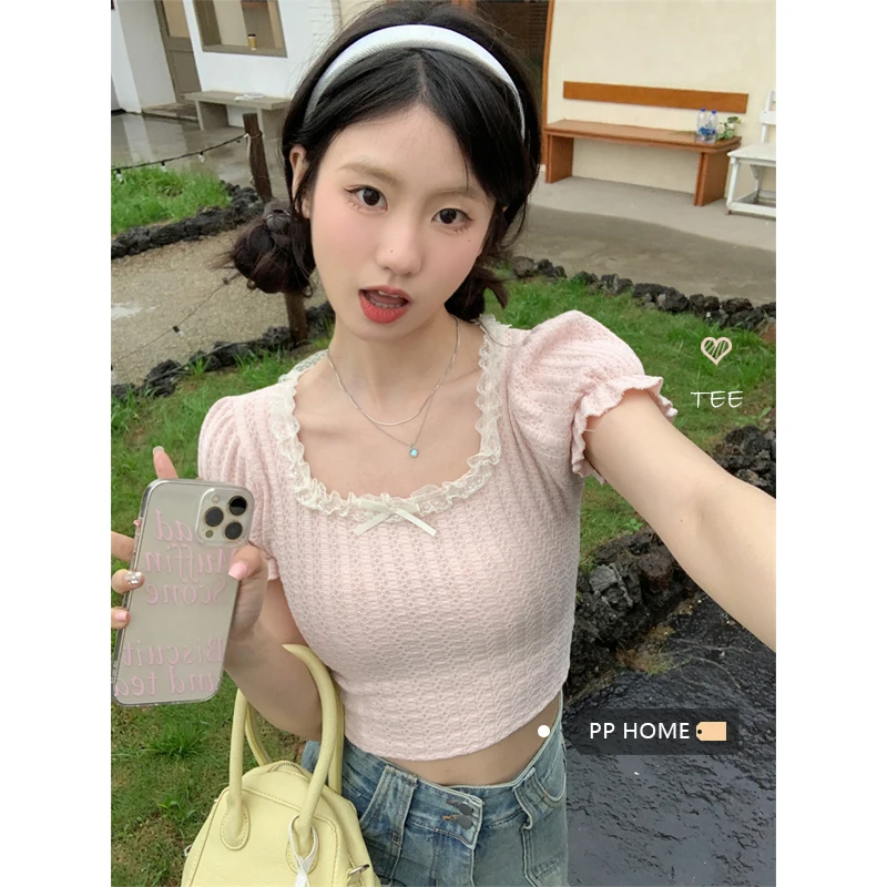 

Korobov Puff Sleeve T-shirts Women Lace Splicing Bow Slim Crop Top Square Collar Sweet Y2k Tees Women Korean Fashion Camisetas