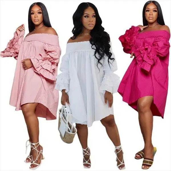 

Y Womens Casual Dresses Autumn Sexy Off-shoulder Bell Sleeve Loose Dress