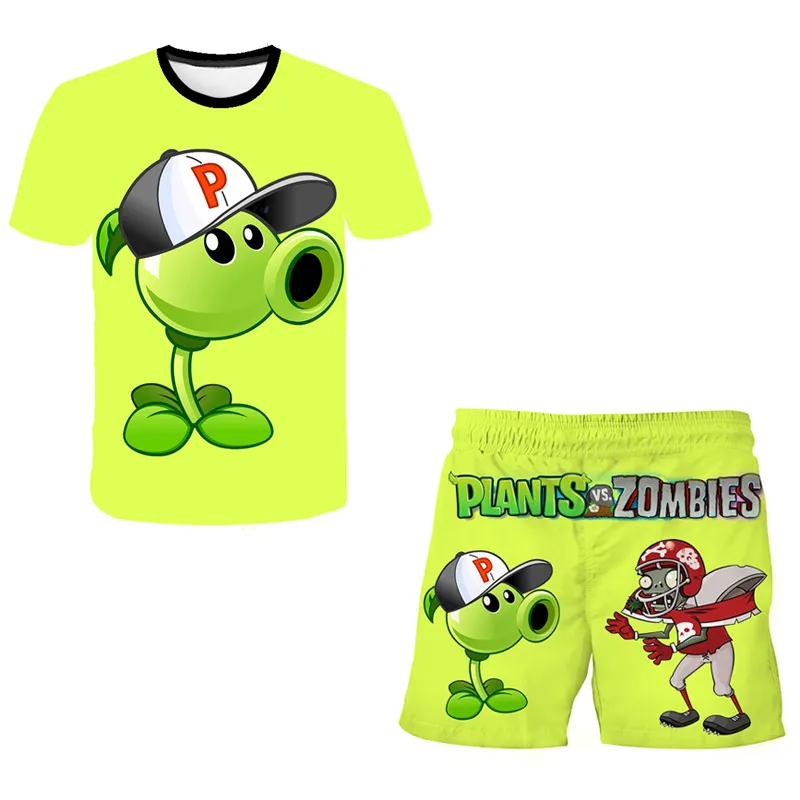 

4-14 Year Old Boys and Girls 3D PlantVSzombie Printed T-shirt Set 2022 Fashion Sports T-Shirt Top + Shorts Set 2 Pieces