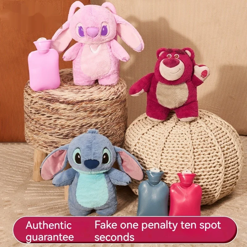 

Disney Strawberry Bear Stitch Winter Plush Hot Water Bottle Water Warm Hand Plush Anime Doll 2-in-1 Office Home Warm Hand Gift
