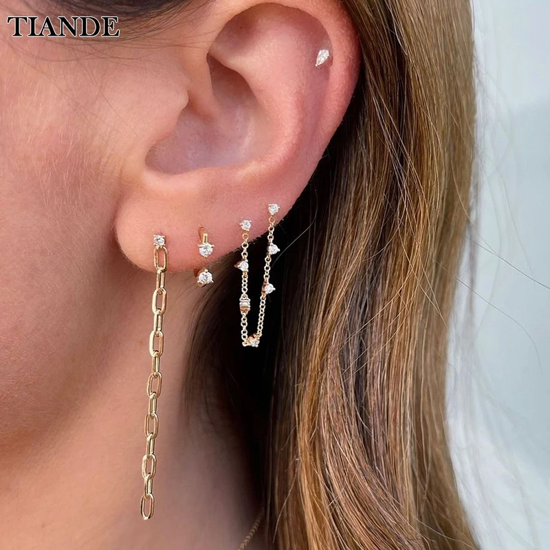 

TIANDE Gold Plated Chain Dangle Earrings for Women Fashion Piercing Exquisite Zircon Stud Earrings Set 2023 Jewelry Wholesale