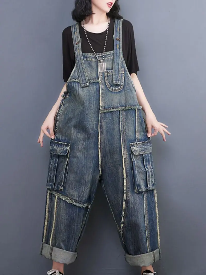 

Overalls Women Baggy Denim Oversized Loose Bib Jumpsuit Pocket Wide Leg Cowboy Rompers Tassel Hip Hop Straps Drop Crotch Jeans