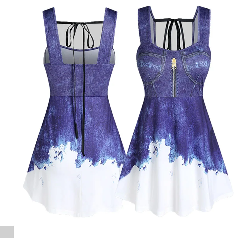

Women's Spghattie Strapless Scoop Neck Bondage Crop Zipper Cami Tie Dye Tunic Blackless Loose Tank Tops