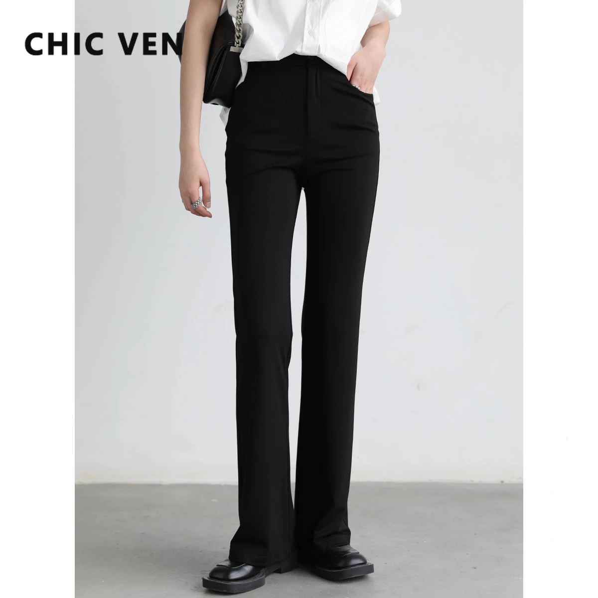 

CHIC VEN Women's Pants Black Solid Retro Slim Woman Wide Leg Pants Female Trousers Office Lady Woman Spring Summer 2022